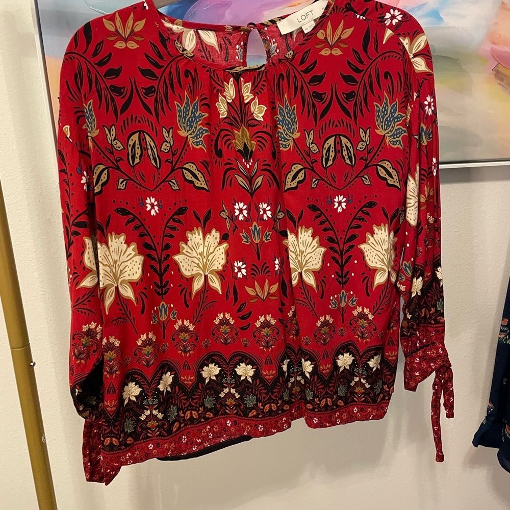 LOFT Red and Black Floral Blouse